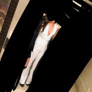 White deep v jumpsuit